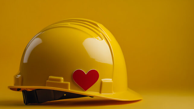 A sunny yellow construction hard hat, symbolic of dedication and safety, is adorned with a bright red heart, expressing care for workers on site. Simple yet meaningful.