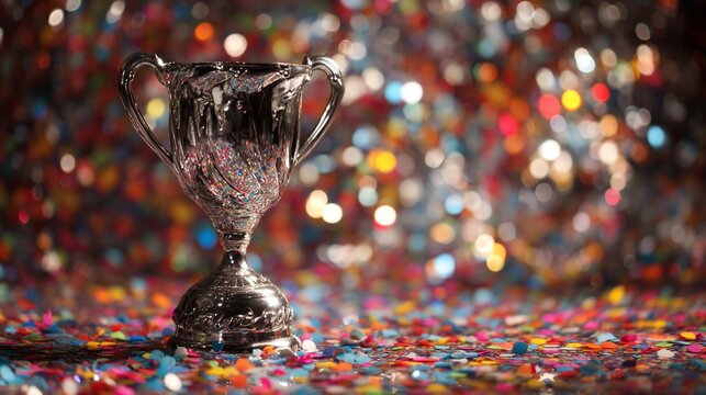 Silver trophy amidst colorful confetti
