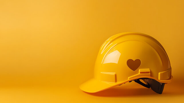 A yellow hard hat sits against a vibrant yellow background, symbolizing worker safety with a heart cutout, adding a touch of care to the construction theme.