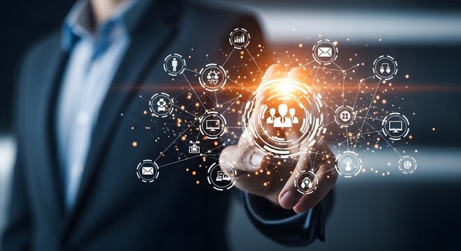 Businessman interacting with glowing digital network and icons