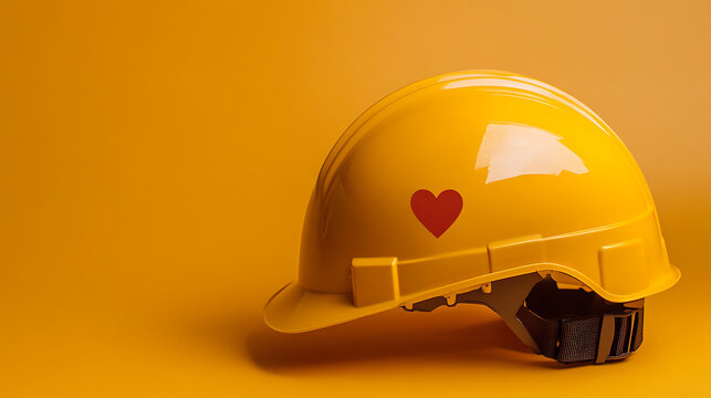 A yellow hard hat with a red heart on it, symbolizing safety, love, and care in the workplace, emphasizing health, well-being, and a supportive work environment for all workers.