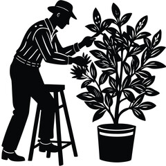 Gardener Trimming Plant Silhouette, Black and White Illustration on White Background