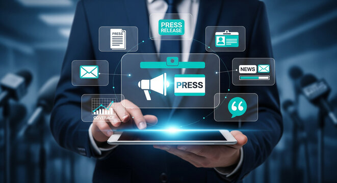 Businessman using a tablet to manage press and media communications, with icons representing news, email, and social media, in front of microphones