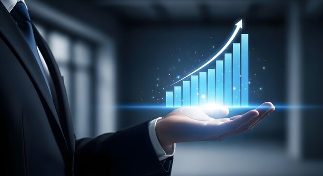 Businessman holding glowing blue financial growth chart upwards