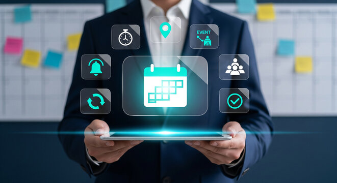 Businessman holding a tablet with glowing icons representing planning, time management, and productivity, symbolizing business strategy and organization