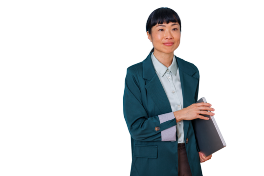 Asian businesswoman holding tablet computer, standing confident, looking ahead, facing new challenges, transparent background