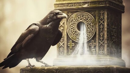 Black raven with spread wings by an ancient pagan altar with glowing magical symbols, a spiritual fantasy scene for ritual or folklore. - Powered by Adobe