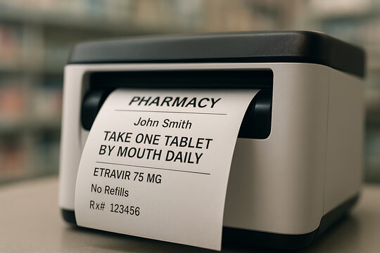 A pharmacy label printer producing a prescription slip showing dosage instructions and medication details, photographed in sharp focus with a blurred pharmacy background for a clinical