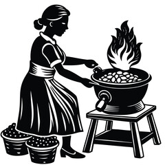 Cooking Silhouette: Woman Preparing Food Over Fire in a Large Pot on White Background
