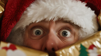 Peek-a-boo! A surprising close-up of a person dressed in a Santa hat with wide eyes, seemingly emerging from a festive package, evoking a sense of playful anticipation and holiday cheer.