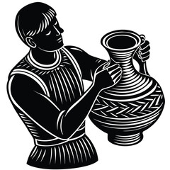 Man Holding a Decorative Pitcher Silhouette, Ancient Art Black and White Vector on White Background