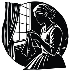 Elegant Silhouette of Woman Mending Fabric by Window Illustration Art on White Background