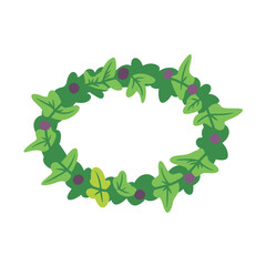 Oval shaped wreath made of green leaves and small purple berries
