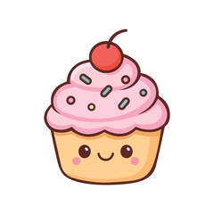 Kawaii Happy Cupcake Character with Pink Frosting, Sprinkles & Cherry - Cute Sweet Treat Vector