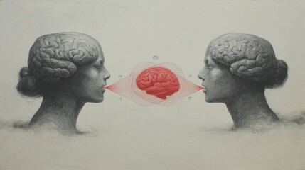 Two heads exchanging thoughts with red energy