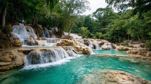 tropical waterfall cascading into crystal-clear turquoise pool surrounded by thick jungle and flowering plants. tropical waterfall, turquoise pool, jungle landscape, rainforest, cascading water, 