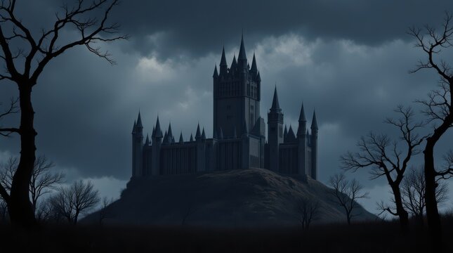 Spooky Castle on a Hill Under a Dark Sky with Bare Trees.