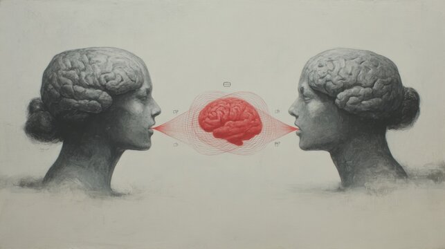 Two heads exchanging thoughts with red energy