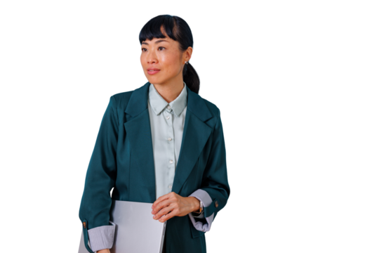 Asian businesswoman holding a laptop, wearing a teal blazer, looking confidently towards the future, transparent background - Powered by Adobe