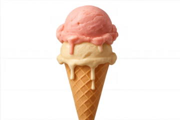 Two scoops of sweet dessert ice cream melting on a waffle cone