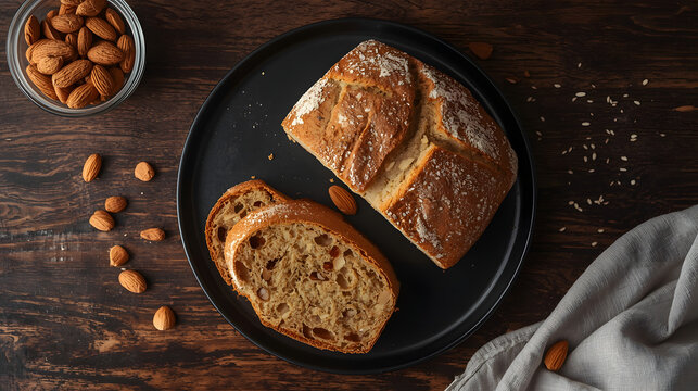 Freshly baked artisan almond bread with whole almonds scattered around on a rustic wooden table, perfect for a delicious breakfast or snack.