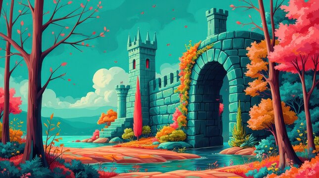 Enchanting Castle Entrance in a Mystical Forest Landscape. - Powered by Adobe
