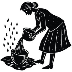 Woman Pouring Water Silhouette Illustration in Black and White for Creative Projects on White Background