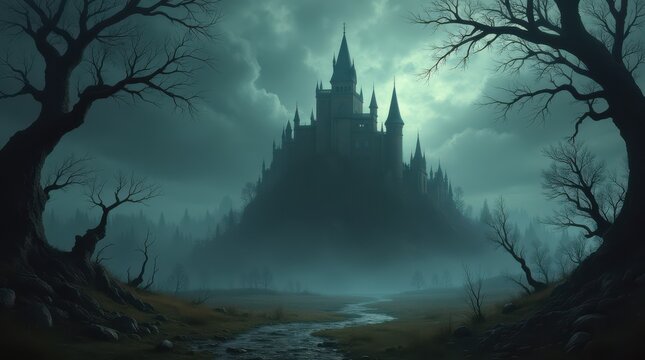 Eerie Gothic Castle Surrounded by a Misty Haunted Forest. - Powered by Adobe