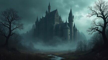 Mysterious Castle in the Gloomy Forest.