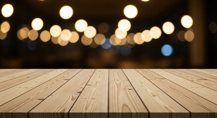 Rustic Wooden Tabletop with Bokeh Background Ideal for Product Mockups and Displays