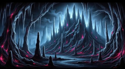 Mysterious glowing cave with blue stalactites and underground river.