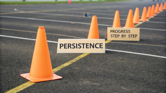 Orange traffic cones forming a path with motivational signs on track