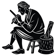 Craftsman Silhouette Carving with Tools and Wood, Woodcut Style Illustration on White Background