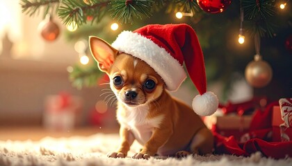 Ein winziger Chihuahua-Welpe sitzt unter einem festlich geschm&uuml;ckten Weihnachtsbaum