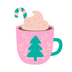 Christmas cocoa mug with tree candy cane and whipped cream topping