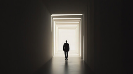 A lone figure in a suit strides forward, walking towards an ethereal light at the tunnel's end. A symbol of ambition and forward momentum. Path to the future ahead.