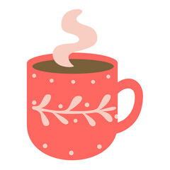 Warm winter cocoa mug with simple leaf pattern and rising steam