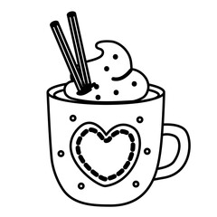 Outline cocoa mug with heart motif and cinnamon stick festive decoration