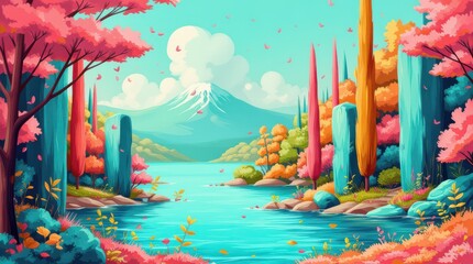 Vibrant Fantasy Landscape with Pink Trees and Mountain.