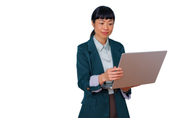 Asian businesswoman standing, holding laptop and working, managing business remotely, transparent background for easy use