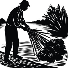 Farming by the River Farmer's Silhouette Agricultural Scene by the Riverbank on White Background