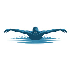 Athlete swimming butterfly stroke in blue water