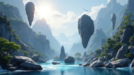 Floating Islands Mystical Landscape River.