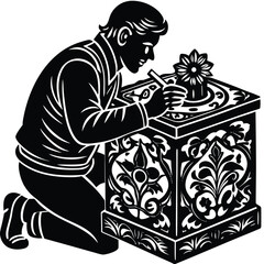 Craftsman's Silhouette A Black And White Illustration of an Artist at Work on White Background