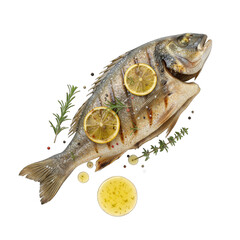 Golden Baked Whole Fish Garnished With Lemon Slices And Fresh Herbs On Black Background Studio Shot With Dramatic Lighting