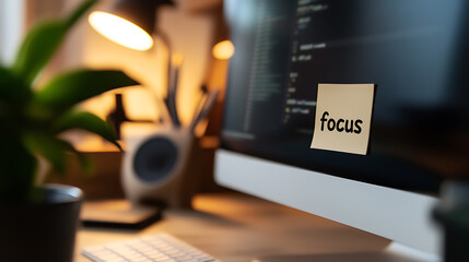 A focused workspace with a monitor displaying code, a sticky note reminder, a desk lamp for illumination, and plant life adding a touch of nature in a cozy home office setup.