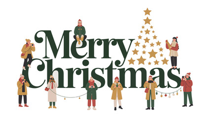 Merry Christmas Greetings: A festive illustration of the phrase Merry Christmas adorned by people, evoking the warmth and cheer of the holiday season.