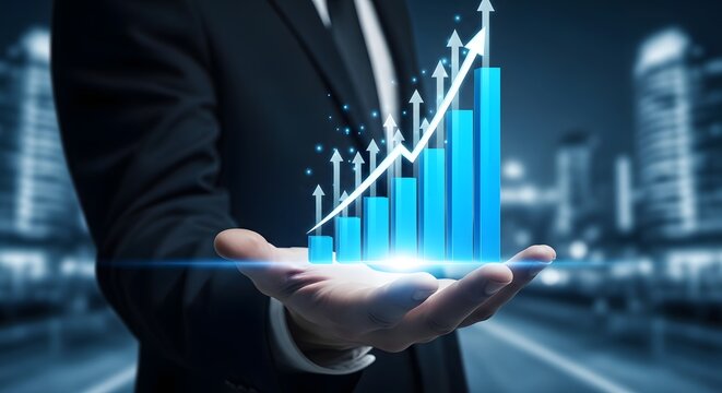 Businessman holding glowing blue financial growth chart in city