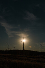 Obraz premium Silhouette of wind turbines at sunset with warm sunlight and soft clouds in the sky over a rural landscape.