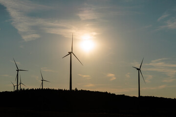 Obraz premium Silhouette of wind turbines at sunset with warm sunlight and soft clouds in the sky over a rural landscape.